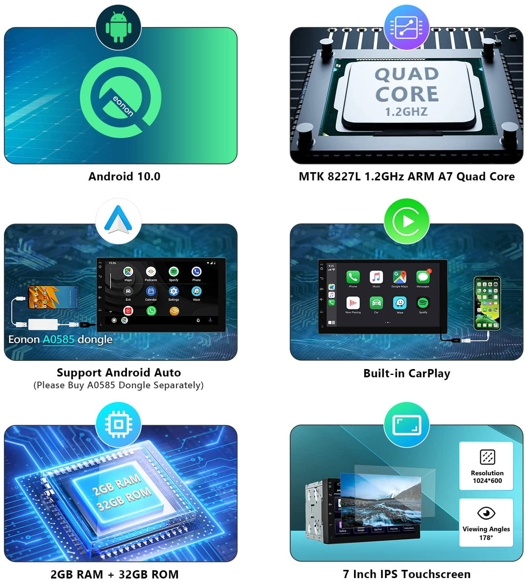 Double Din Car Stereo, Android Head Unit Built-in DSP with IPS