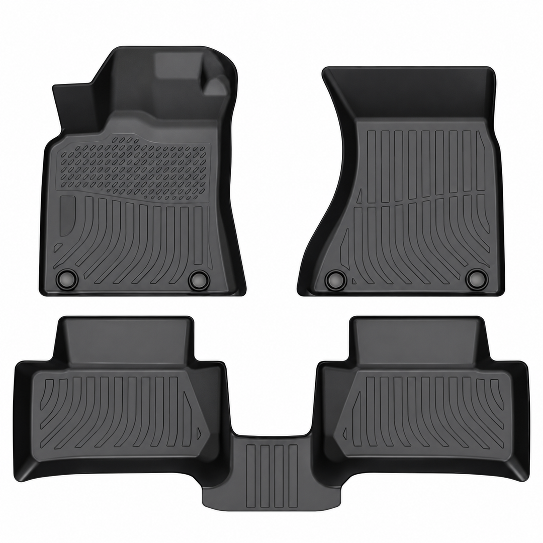 2015–2026 Porsche Macan Floor Liners — Black TPE 3-Piece Set on white background