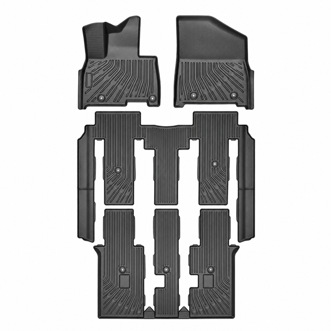 2025 Kia Carnival Hybrid 8-Seat TPE Floor Liners — Black 4-Piece Set on white background