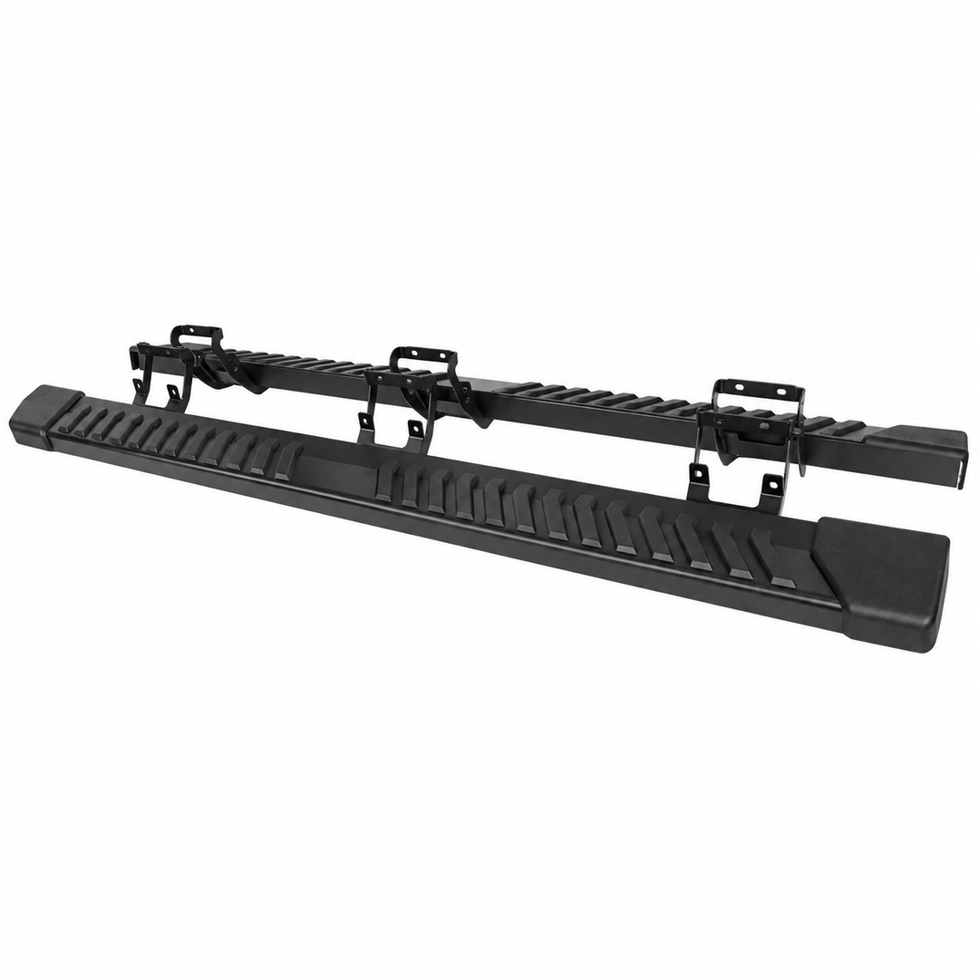 2015–2026 Ford F-150 SuperCrew Running Boards — Black Steel Pair on white background