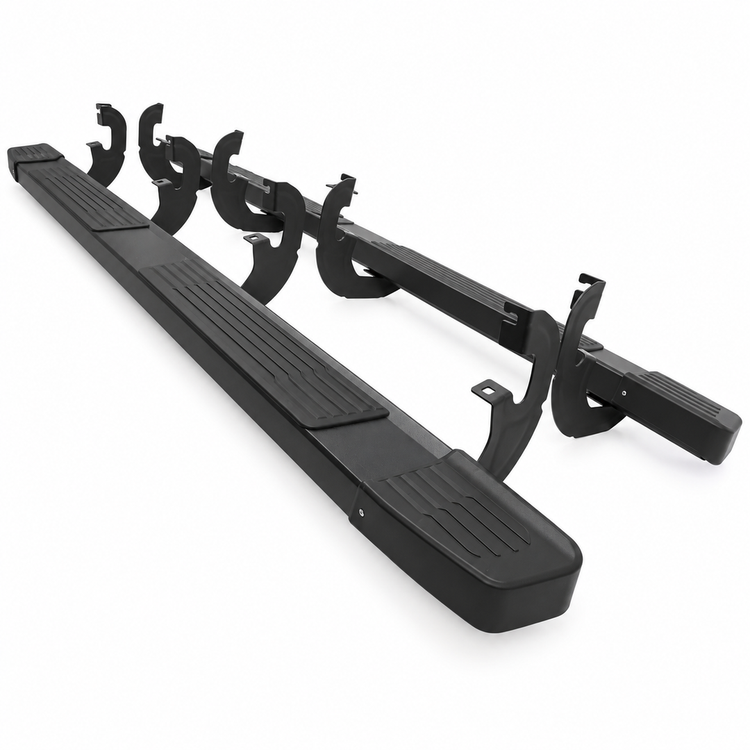 2019–2026 Silverado Sierra Crew Cab Black Side Steps — Pair on white background