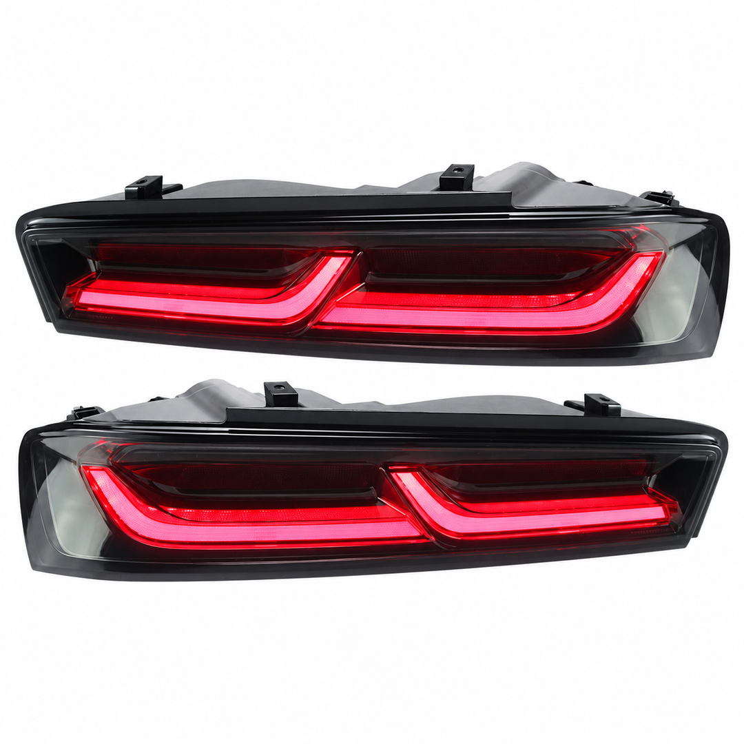 Smoked LED Tail Lights with Sequential Turn Signals for 2016–2018 Camaro — Pair on white background