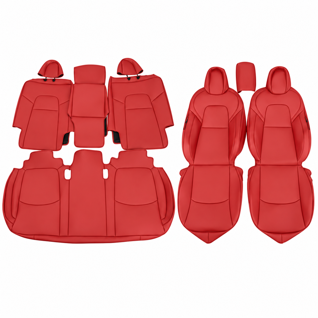 2020–2025 Tesla Model Y 5-Seat Red Leather Seat Cover Set on white background