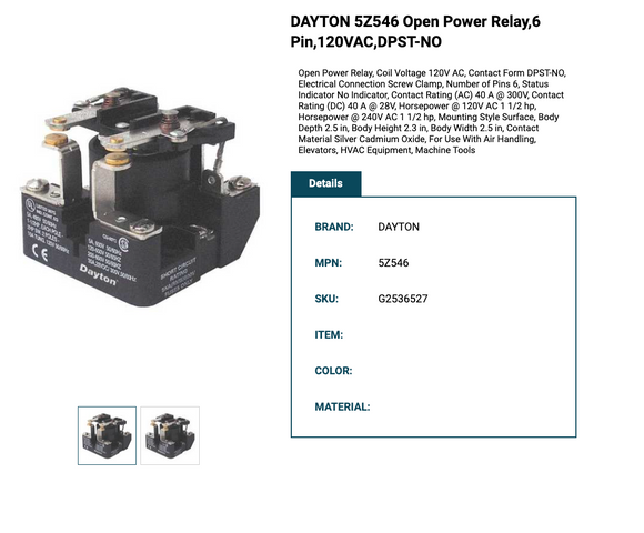 Dayton 5Z546 Open Power Relay,6 Pin,120Vac,Dpst-No