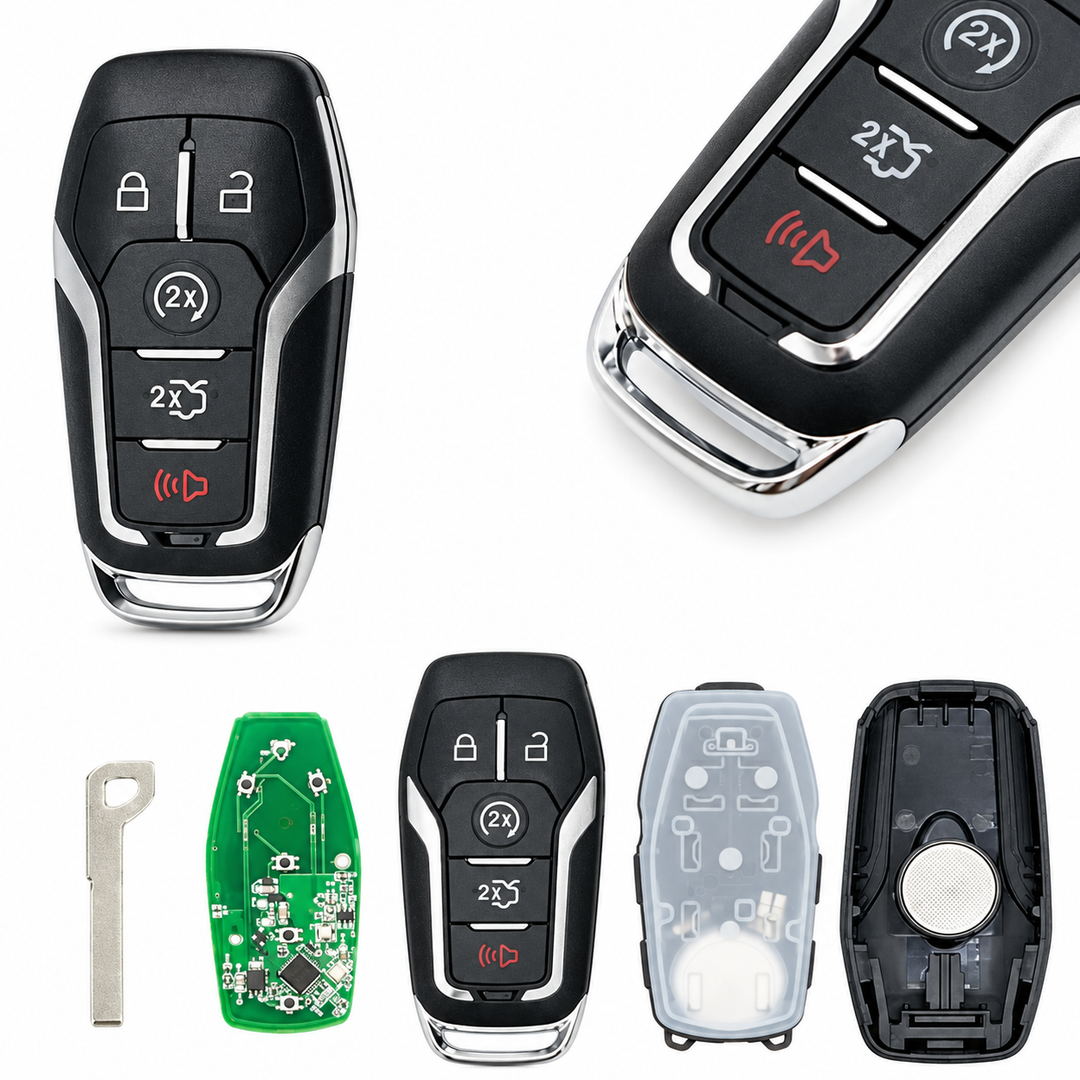 Ford 164-R7989 five-button remote — detail and disassembled construction