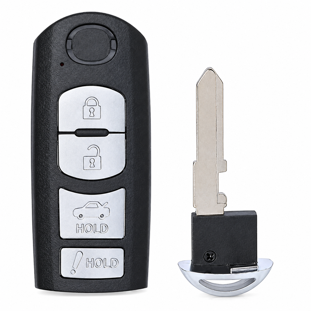 Mazda SKE13D01 four-button complete remote — front and blade