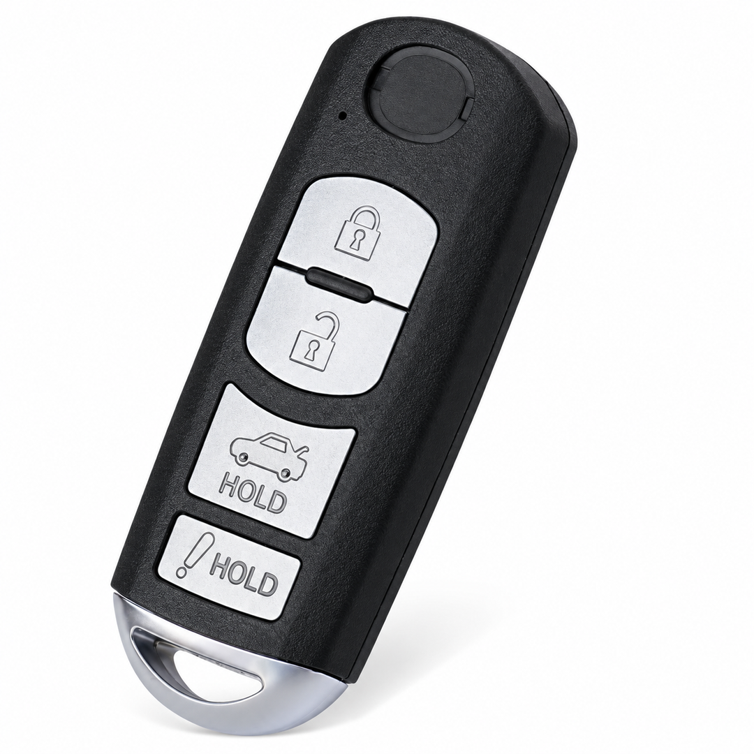 Mazda SKE13D01 four-button complete remote — angled front