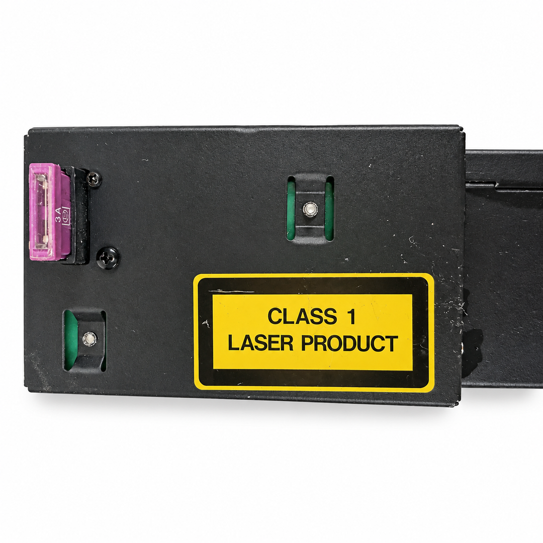 Used BMW 82111469404 six-disc CD changer - laser label and fuse detail