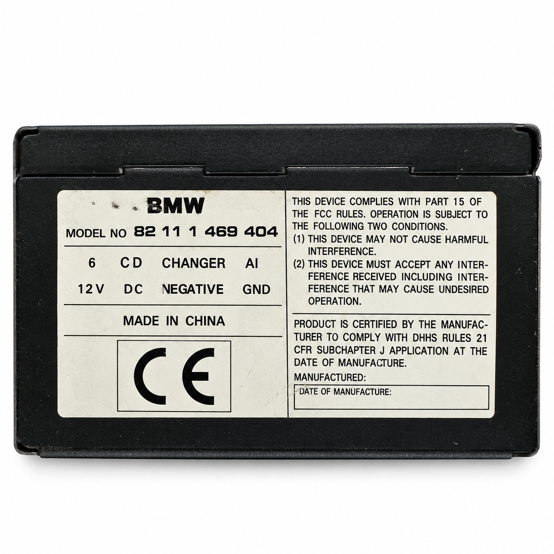 Used BMW 82111469404 six-disc CD changer - BMW part number 82111469404 identification label