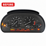 BMW instrument cluster pixel failure before repair with red BEFORE badge
