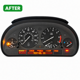 BMW instrument cluster display after pixel repair with green AFTER badge