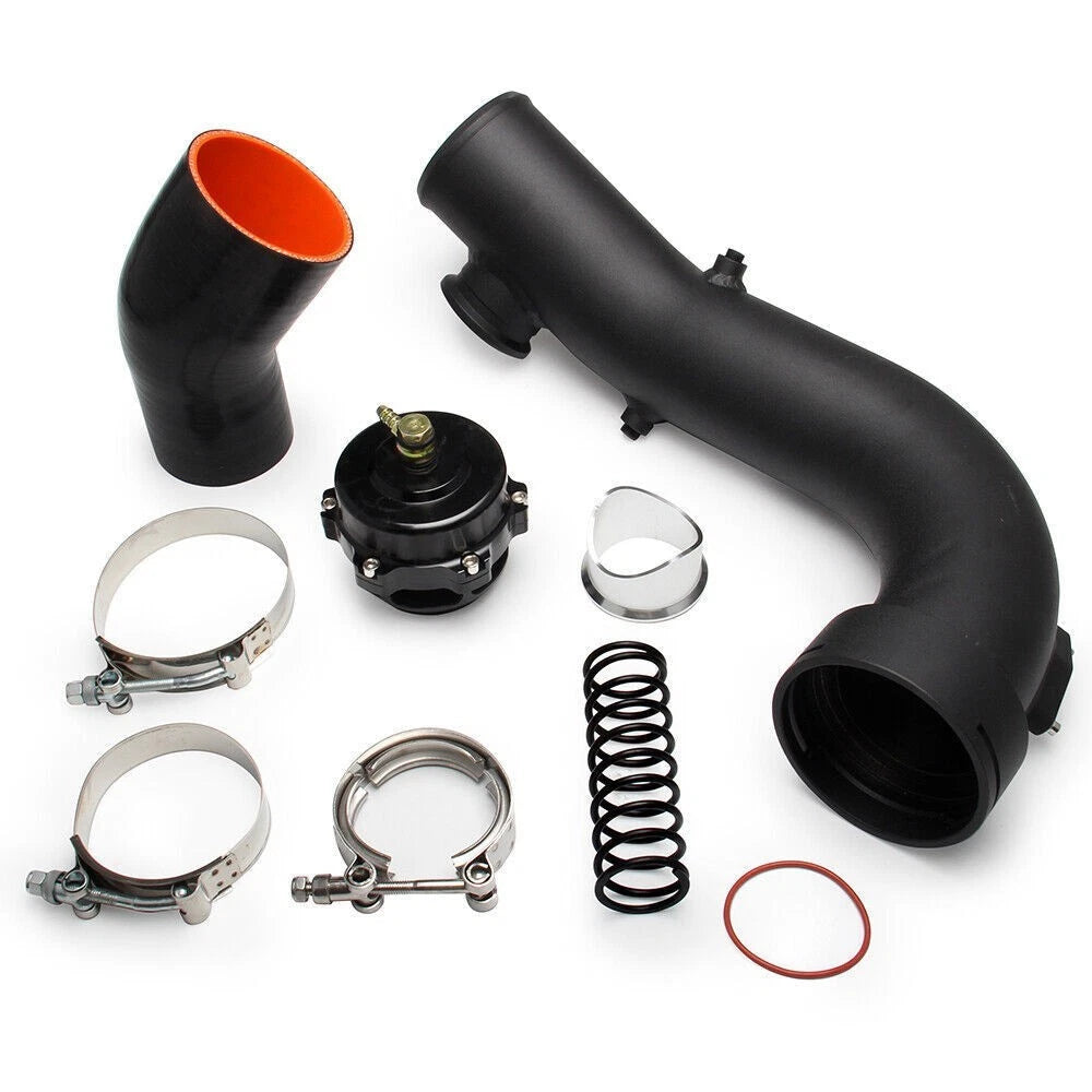 BMW N54 charge pipe kit components with blow-off valve and coupler