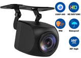 Black 1080P car rearview backup camera with wide angle, waterproof, and labeled icons on white background.
