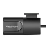 Black Eonon A100 360° front car dash cam with red and white logo, mounted on a black car dashboard.