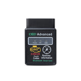 Black OBD2 car Bluetooth headunit with digital display showing fault codes and text “OBD Advanced” and “Hadoop.”