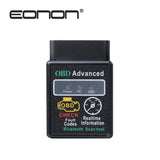 Black OBD2 car Bluetooth scanner with digital display showing fault codes, real-time information, and Bluetooth scan mode.