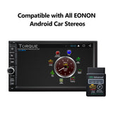 Black and gray Vehicle V0056 ELM327 car Bluetooth OBD2 adapter with touchscreen displaying Torque app and white text.