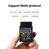 Black OBD2 car Bluetooth adapter with “OBD Advanced” text, support for multi-protocol and real-time information.