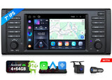 Black BMW E39 car GPS sat nav radio with touchscreen display, labeled buttons, and “Android 14” branding.