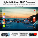 A100 dash cam DVR camera recording crystal-clear video of cars in traffic under a sunset sky with birds.