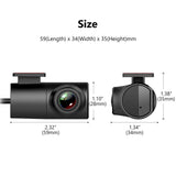 Black A100 dash cam DVR with 720P resolution, shown beside a white box labeled “Size” indicating dimensions.