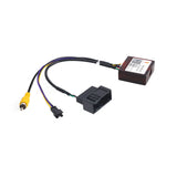 Black A501 rearview backup camera decoder box with yellow connector, white label, and visible Eonon car stereo branding.
