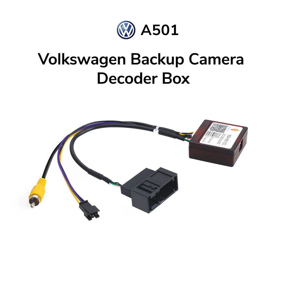 Black A501 Volkswagen rearview backup camera decoder box with multiple RCA ports and silver VW logo on white label.