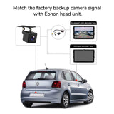 Silver Volkswagen Polo rear view backup camera decoder box with black and white camera, connected to car stereo and screen.