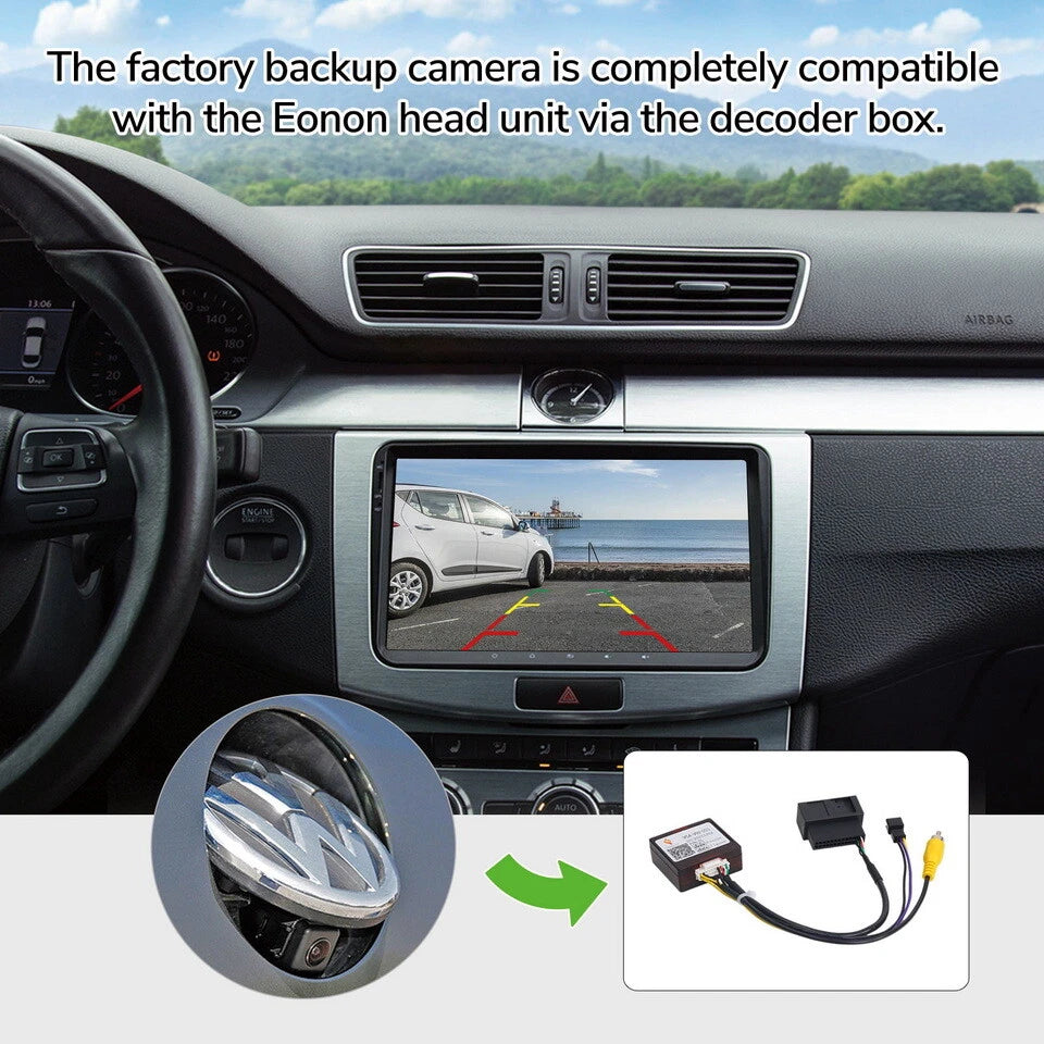 Black A501 rearview backup camera decoder box with silver trim, shown in side view of VW to Eonon car stereo unit.
