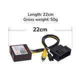 Black A501 rearview backup camera decoder box with yellow connector, 22cm length, 50g gross weight.