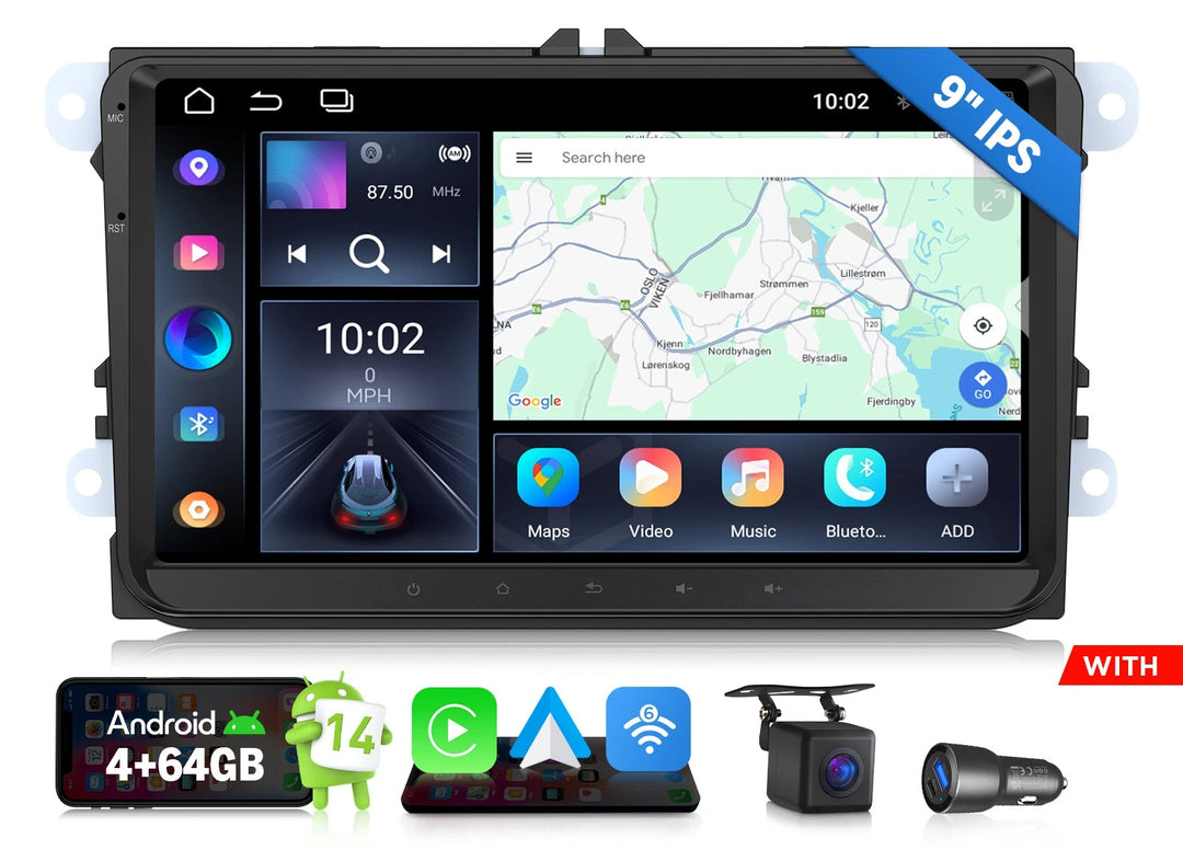 Black Eonon VWX7A 9-inch IPS car stereo with Google navigation, Bluetooth, USB ports, and three-button side panel.