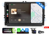 Black 9-inch IPS Android 14 car stereo with touchscreen, map, music, and apps.
