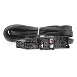 Black BMW E46 extended wiring harness with 17-pin and 40-pin connectors, wrapped in clear plastic packaging.