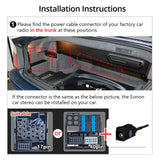 Black BMW E46 extended wiring harness with 17-pin and 40-pin connectors, shown in trunk installation diagram.