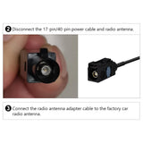 Black BMW E46 5.5M wiring harness with 17-pin power cable, 40-pin radio antenna, and attached adapter cable.