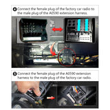 White BMW E46 extended wiring harness with 17-pin male plug, shown in two parts on a dark gray dashboard.