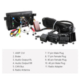 Black BMW E46 wiring harness with 17-pin male plug, 40-pin female plug, radio antenna, and labeled connectors.