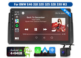 Black 9-inch IPS car radio with side panel, Bluetooth, Apple CarPlay, Android 14, and dual rear cameras.