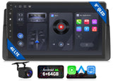 Black 9-inch QLED car radio with side panel, showing home screen, music app, and text “Android 6+64GB.”