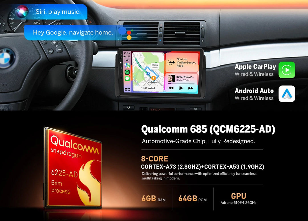 Black BMW E46 M3 99-2006 radio with 9-inch QLED, Apple CarPlay, Android Auto, and red Snapdragon 685 chip.