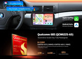 Black BMW E46 M3 99-2006 radio with 9-inch QLED, Apple CarPlay, Android Auto, and red Snapdragon 685 chip.