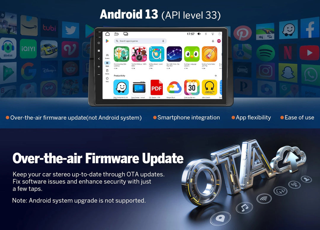 Black Eonon E46X6S2 Android car radio with 9-inch QLED screen, app icons, and “Over-the-air Firmware Update” text.