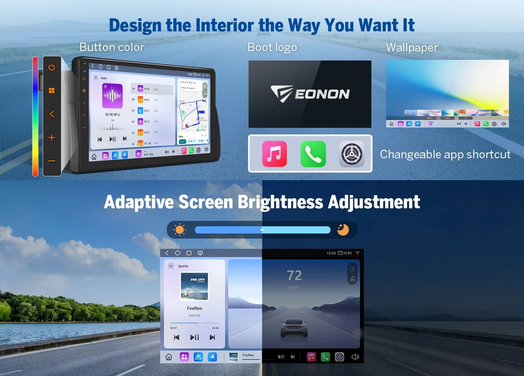 Eonon E46X6S2 BMW E46 M3 9inch QLED 6+64 Android car radio with black and white screen, side panel, and boot logo.