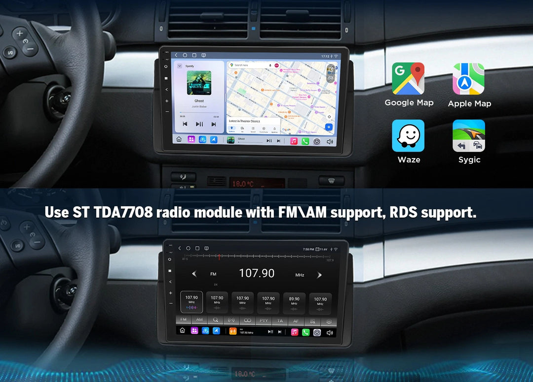 Black BMW E46 M3 radio with 9-inch QLED screen, Google Maps, Apple Map, and Waze icons on side panel.