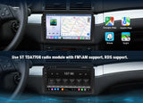 Black BMW E46 M3 radio with 9-inch QLED screen, Google Maps, Apple Map, and Waze icons on side panel.