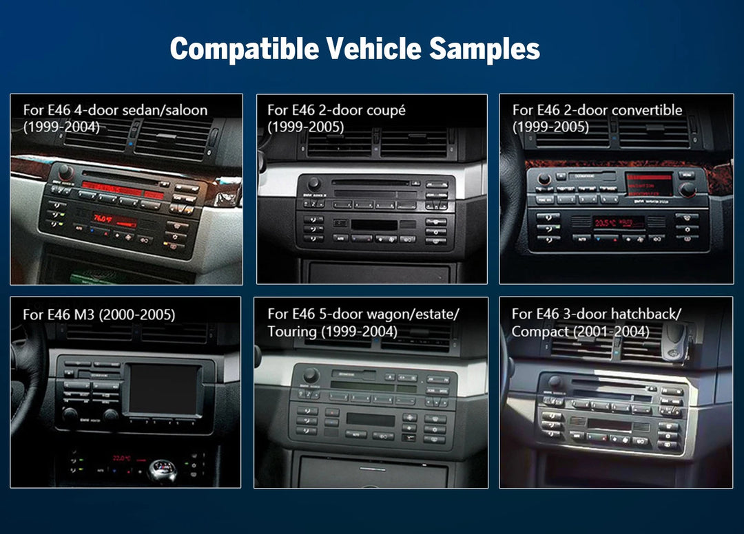 Black BMW E46 M3 9inch QLED car radio with red buttons, silver trim, and visible Eonon branding in multiple car images.