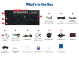 Black Eonon E46X6S2 box with blue text showing what’s in the box, including adapters, cables, and accessories.