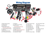 White Eonon E46X6S2 wiring diagram with color-coded car radio, antenna, and multiple plug connectors.