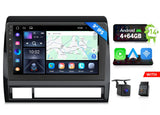 Black Android 14 4+64GB Toyota 2nd-gen Tacoma CarPlay head unit with touchscreen, map, and Bluetooth.