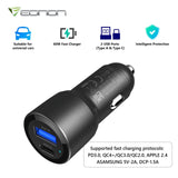 Black 60W fast charge USB PD Type-C car charger adapter with two front ports and visible “Veonon” logo on car dashboard.